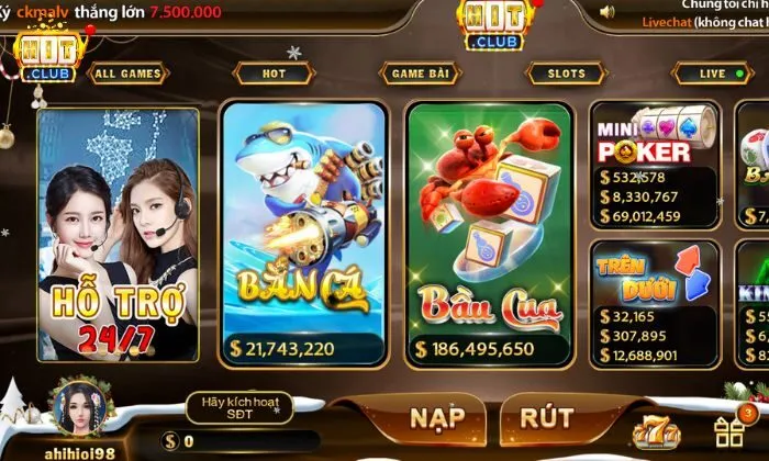 Giao diện Hitclub mượt mà, game toàn là hàng tuyển