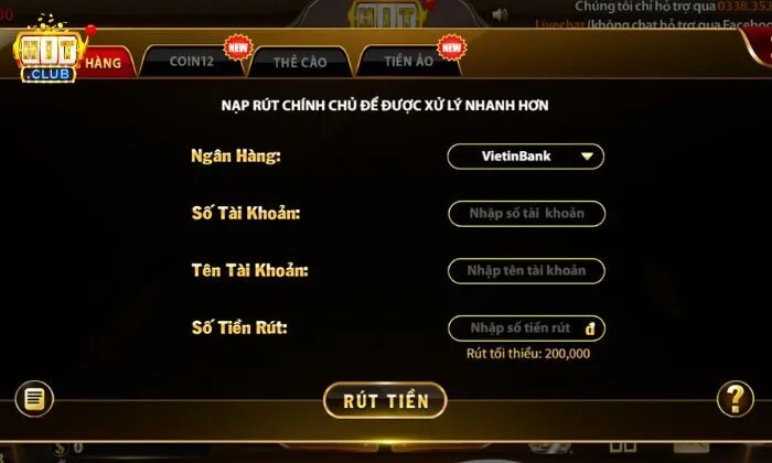 Rút tiền HItclub bằng phương thức tài khoản ngân hàng