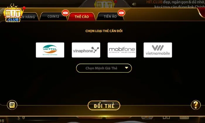 Rút tiền nhanh tại Hitclub với thẻ cào điện thoại